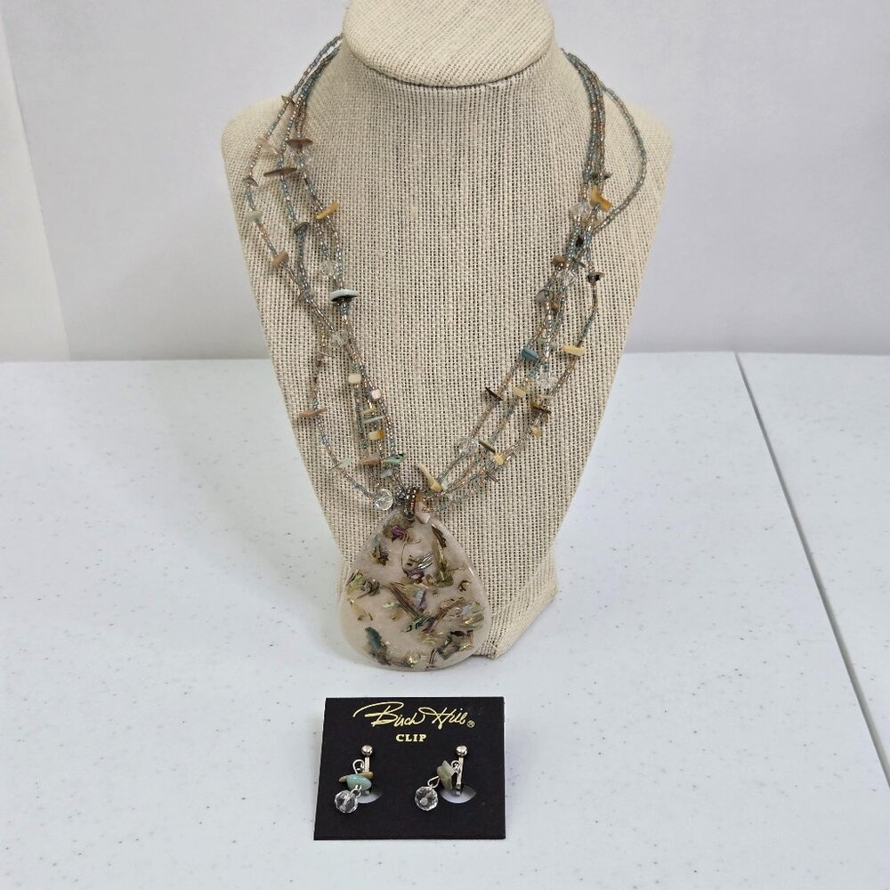 Birch Hill Necklace Set Clip On Earrings Shell Beach Abalone Beaded Multi Strand - Picture 1 of 10